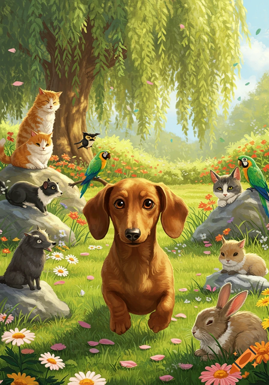 A brown dachshund stands in a lush green meadow surrounded by cats, birds, and a rabbit under a large tree with falling petals in a vibrant, illustrative style.