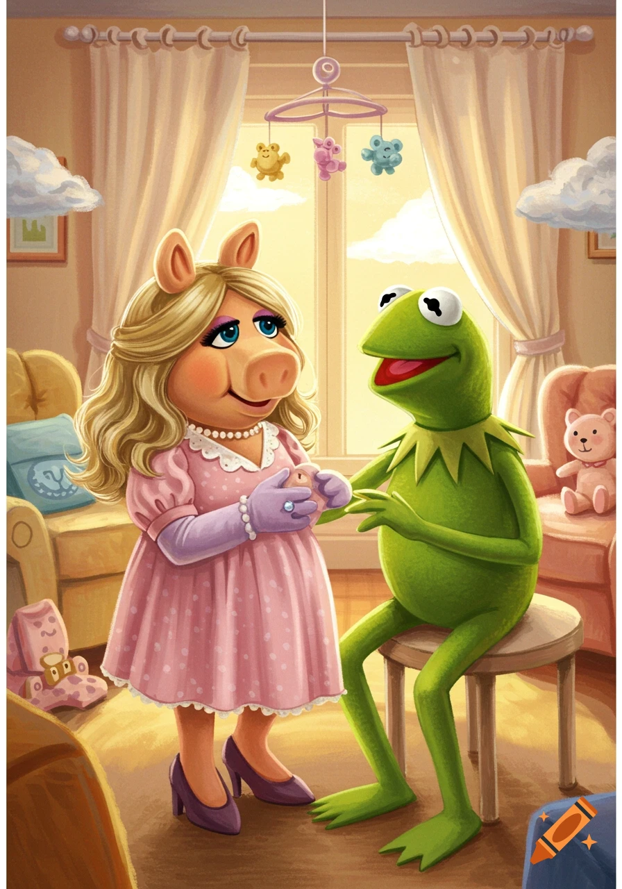 Illustrated image of Miss Piggy and Kermit the Frog in a nursery, with a baby mobile hanging above them. Miss Piggy wears a pink dress and holds a small object, looking at Kermit who sits on a stool.