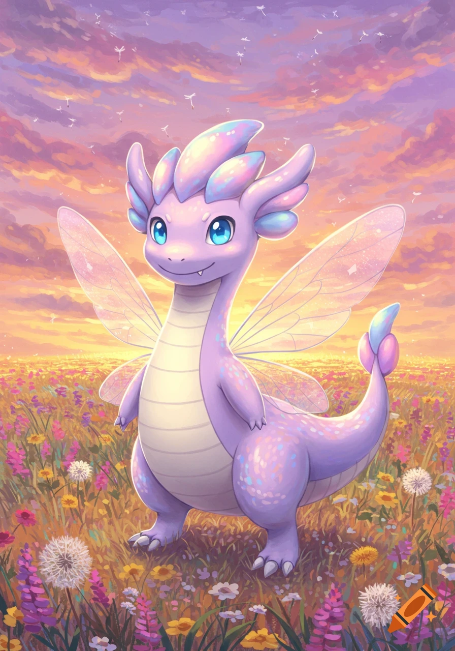 A cute, pastel purple dragon with glowing blue eyes and clear fairy wings stands in a field of colorful wildflowers under a pink and orange sunset sky.
