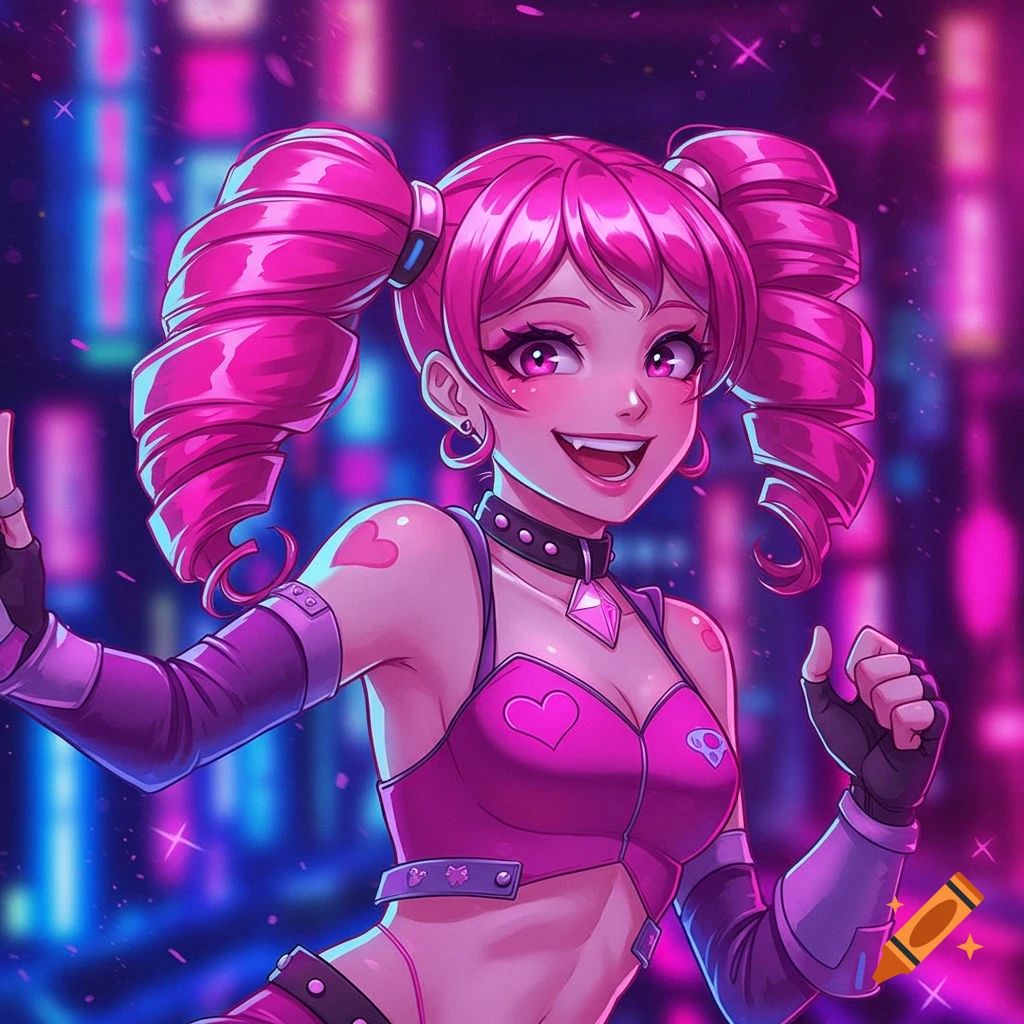 A smiling anime girl with bright pink spiral twintails and fangs in a vibrant pink and purple outfit against a neon cyberpunk city background.