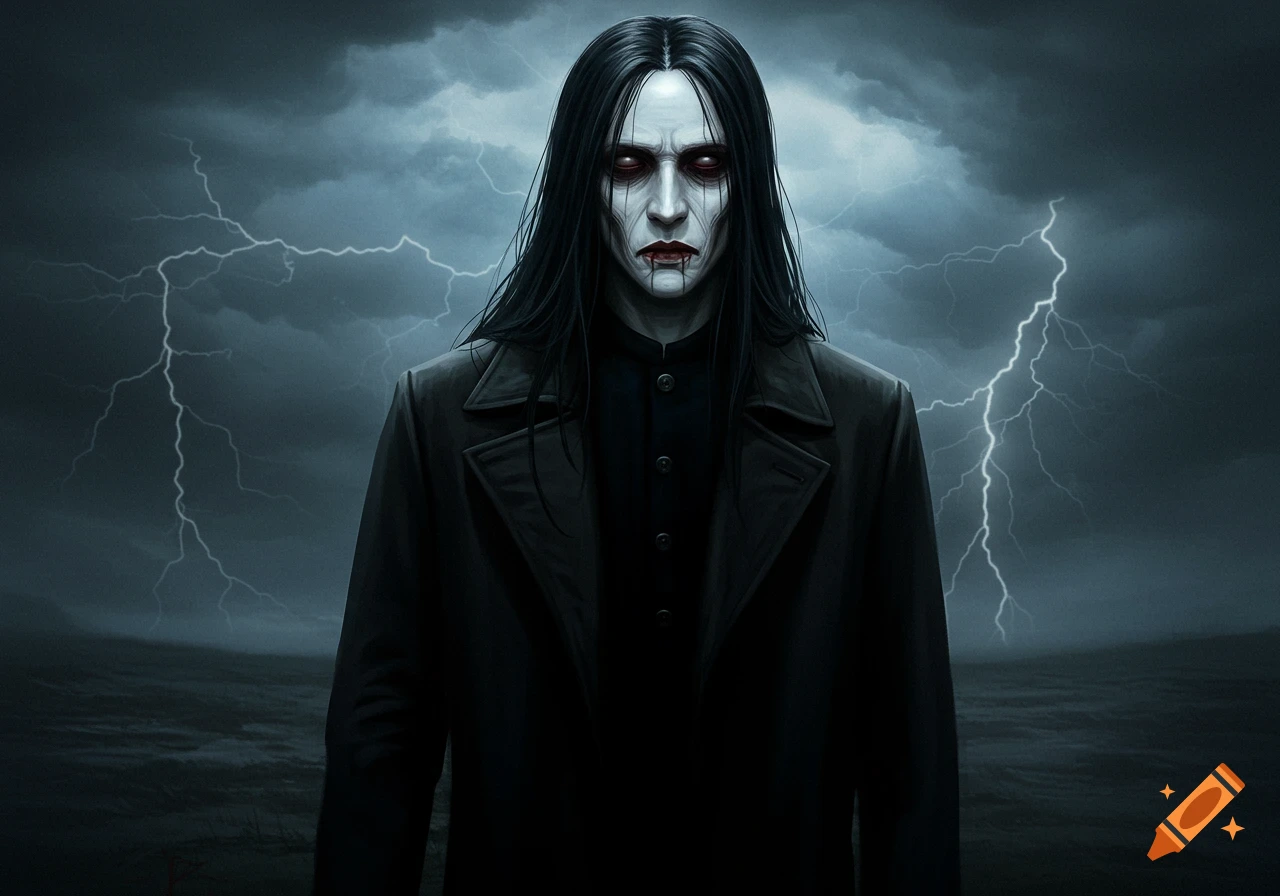 A pale man with long black hair, red eyes, and dark lips, wearing a black coat, stands under a stormy sky with lightning.