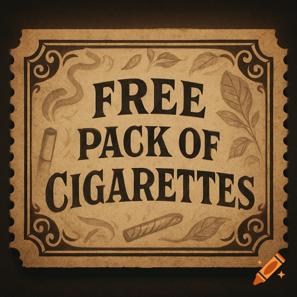 A vintage-style coupon or sign with decorative borders, featuring the text "FREE PACK OF CIGARETTES" and illustrations of tobacco leaves and cigarettes.