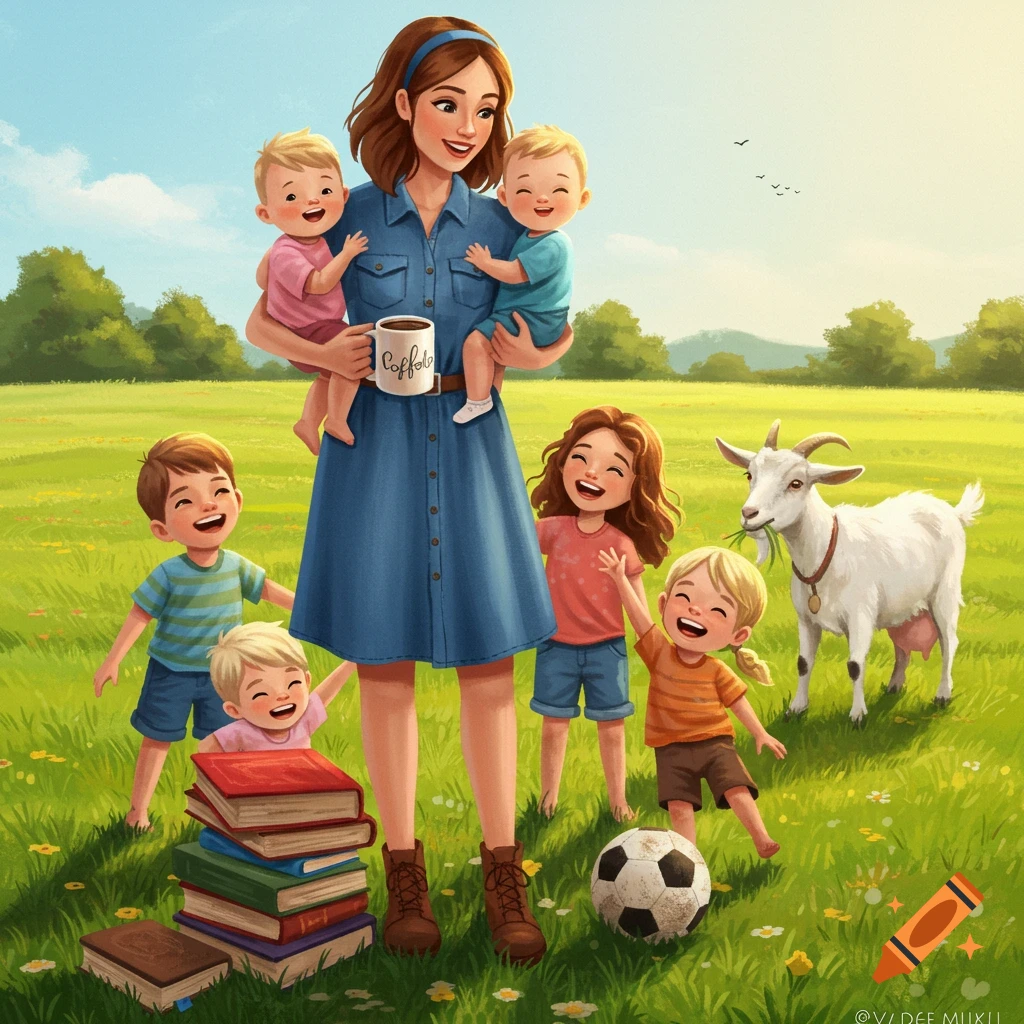 A smiling homeschool mom in a denim dress holds two babies while other children, a soccer ball, and a stack of books surround her in a sunny green field with a goat nearby.