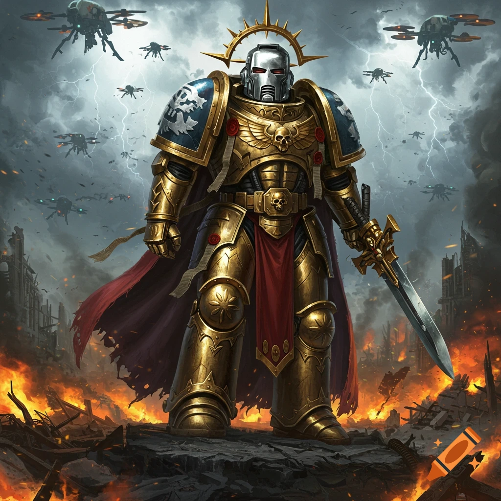A gold-armored futuristic warrior with a metallic face and red eyes stands in a fiery, war-torn city under a stormy sky with drones.