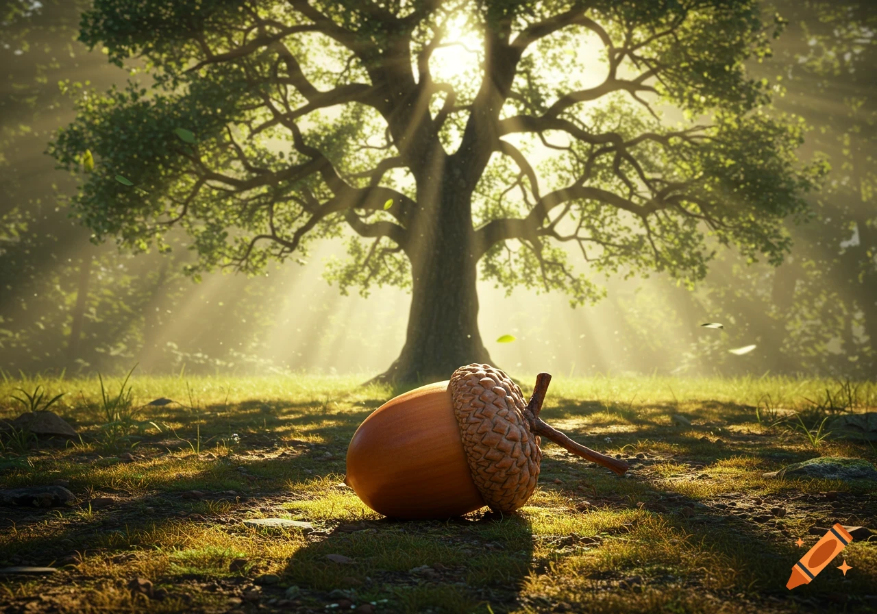 A large acorn on the ground in a sunlit forest with a giant oak tree in the background, digital illustration.