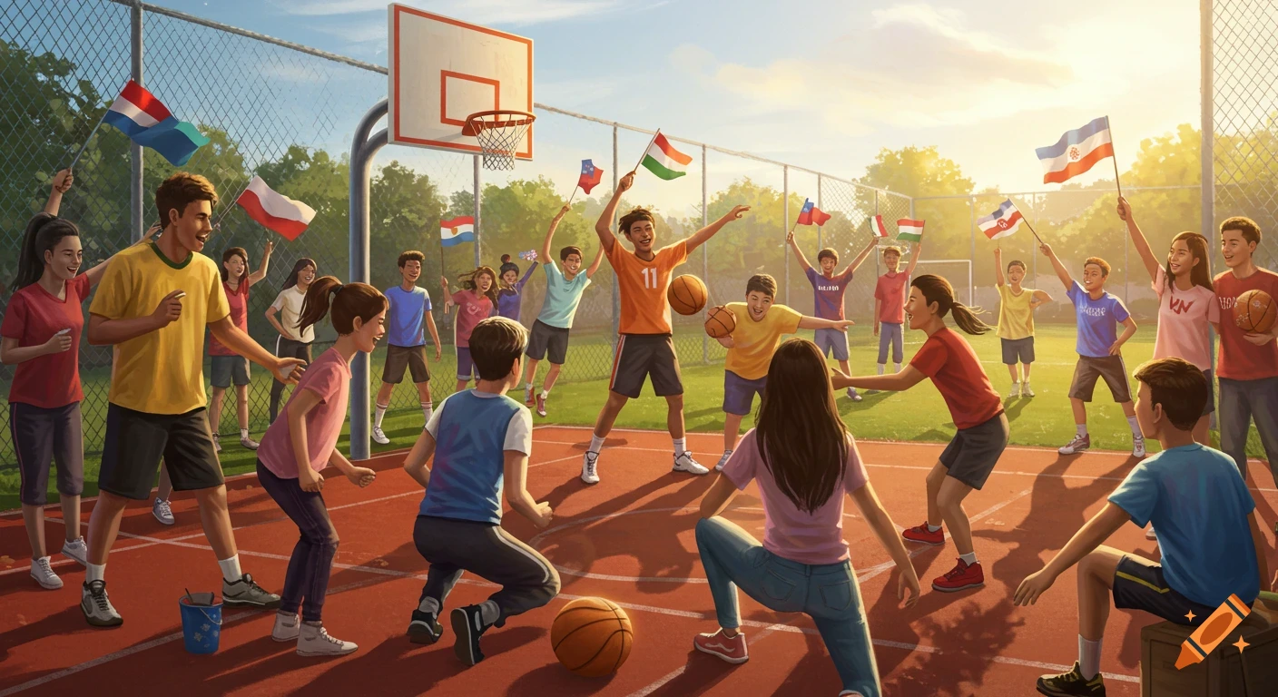 A group of cheerful children and teenagers play basketball on an outdoor court at sunset, some waving flags.