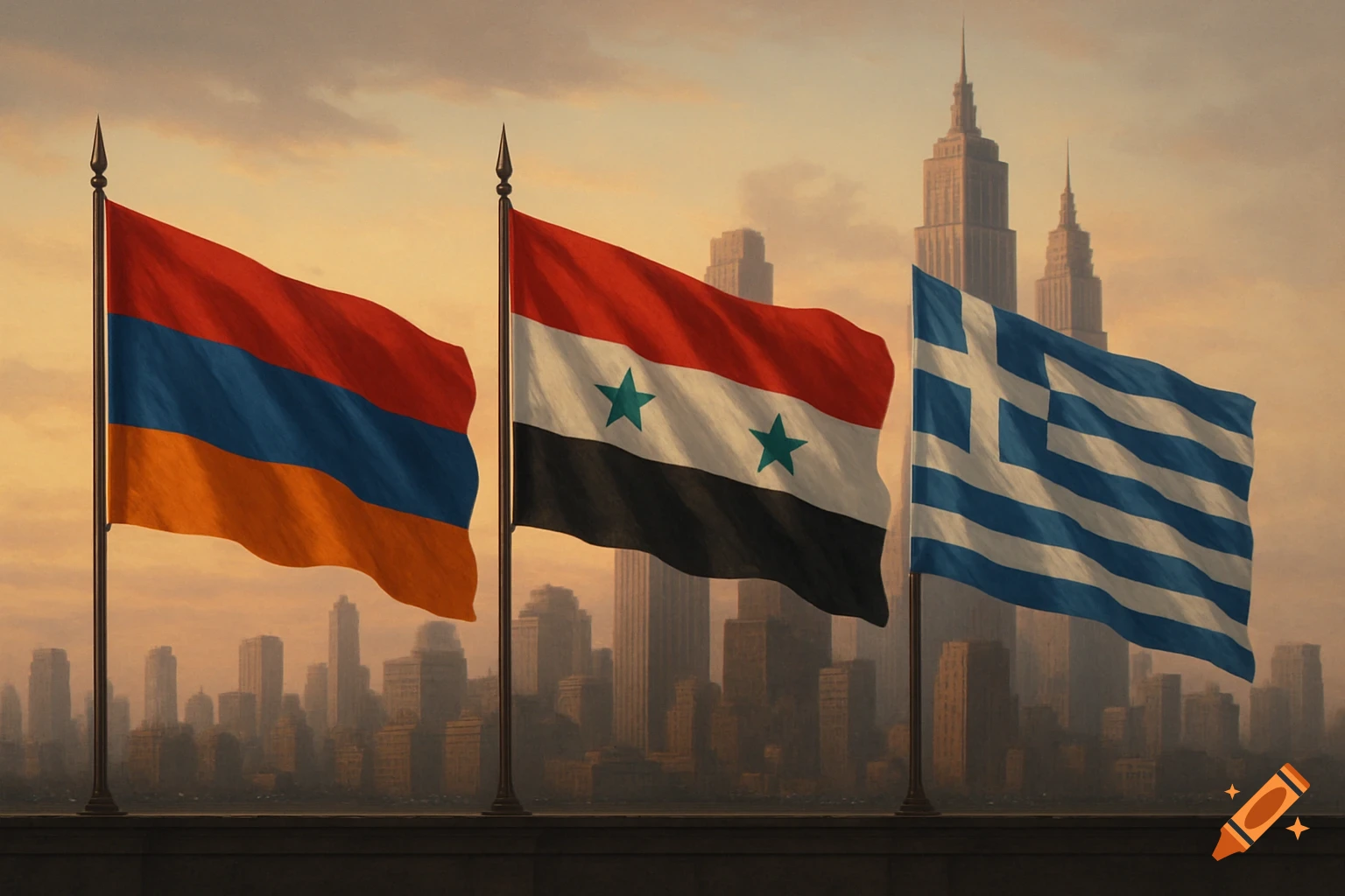 Armenian, Syrian, and Greek flags fly over a city skyline at sunset, rendered in a painterly style.