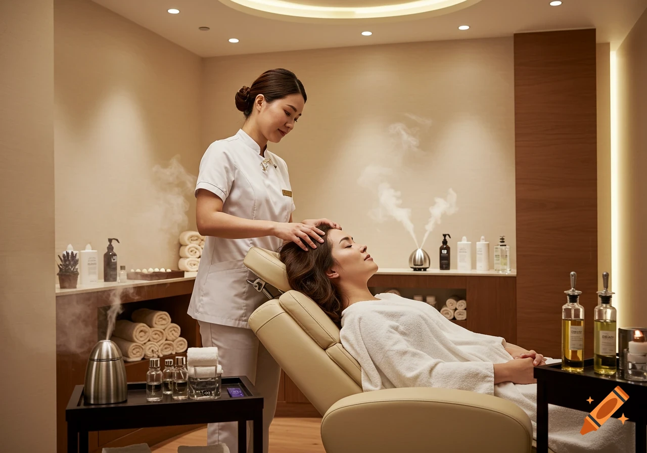 A spa worker massages a woman's head in a serene room with steam diffusers and spa products.