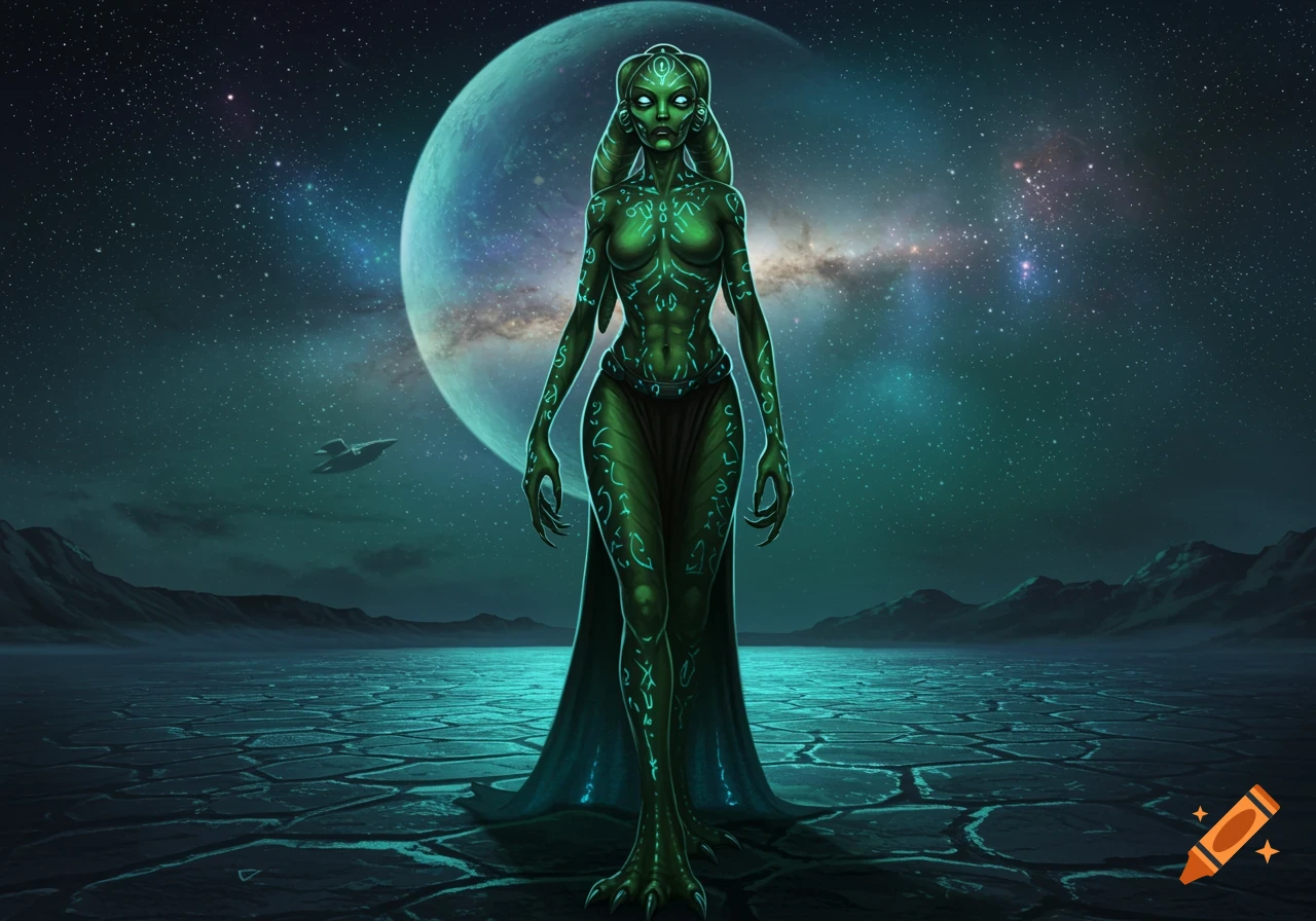 A tall, slender, green alien humanoid with glowing markings on a cracked alien planet under a starry sky with a large moon.