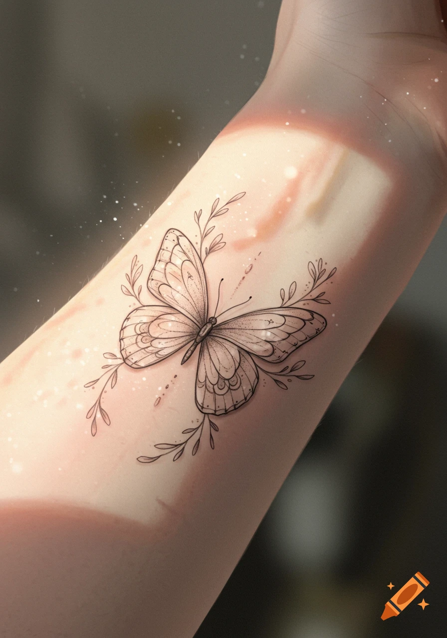 A detailed line art butterfly tattoo on a person's forearm, with delicate branches and sparkling light.
