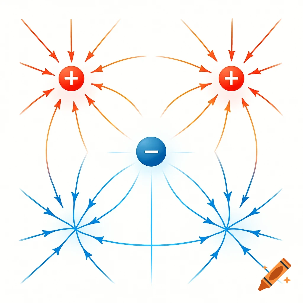 Scientific illustration showing electric field lines originating from two red positive charges and converging on a blue negative charge.