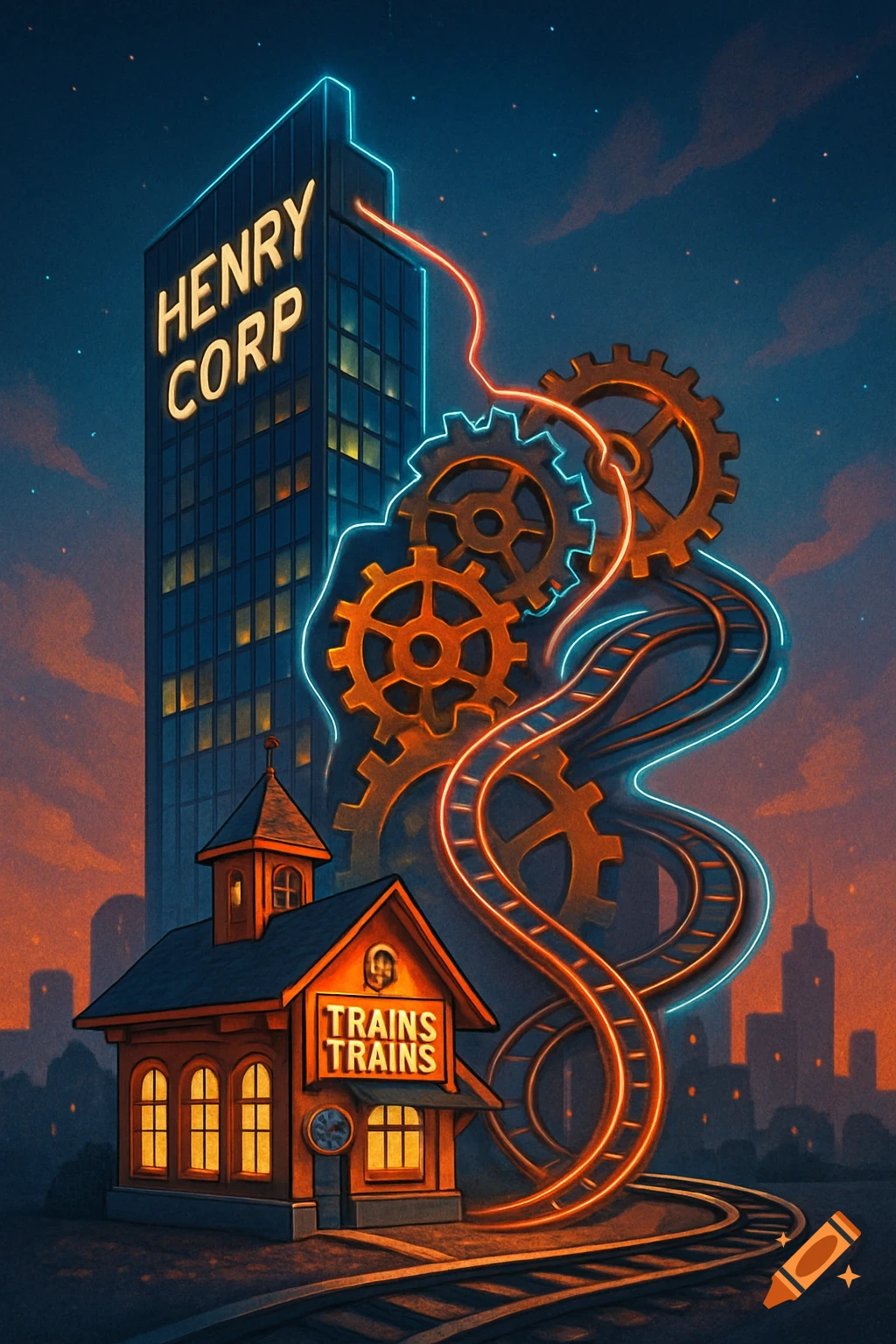 Stylized night scene with a skyscraper labeled 'HENRY CORP' and a train station labeled 'TRAINS TRAINS', connected by glowing gears and tracks.