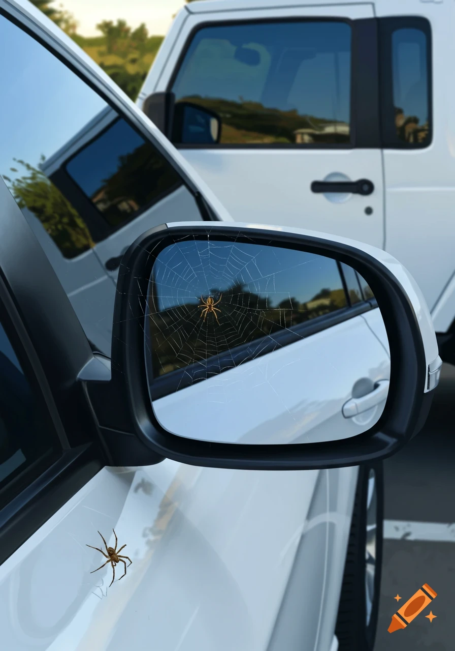 A spider rests on the side mirror of a white car with its web spun across the glass, reflecting a white Jeep Wrangler.