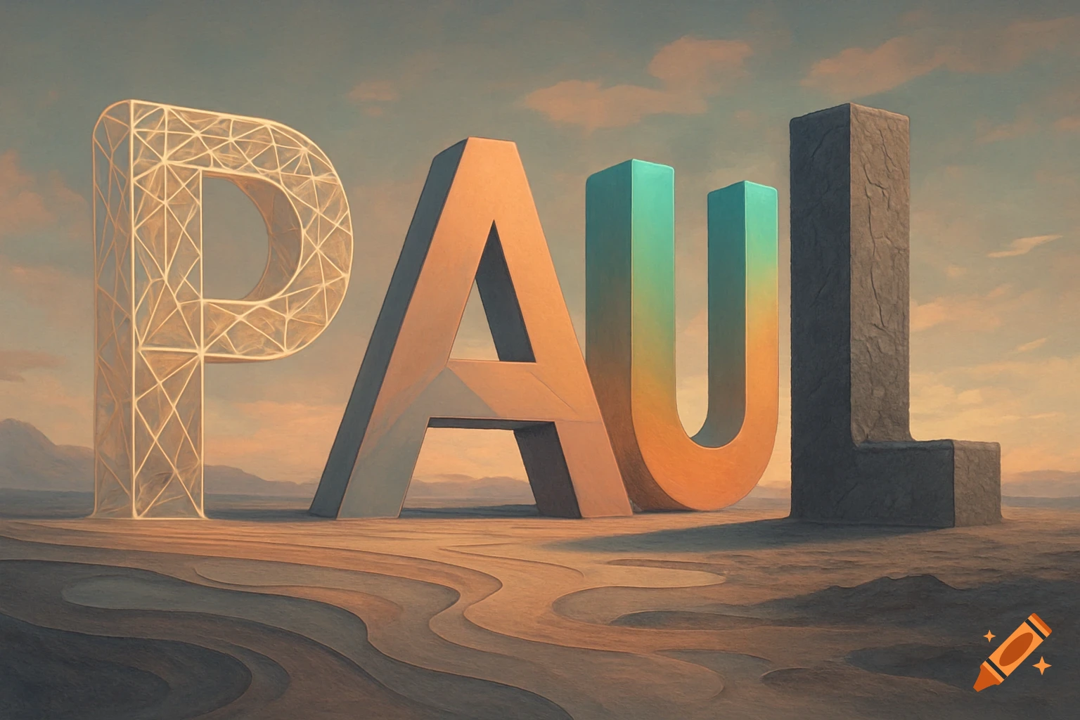 The letters PAUL stand tall in a desert landscape under a cloudy sky, each letter having a unique texture and color.