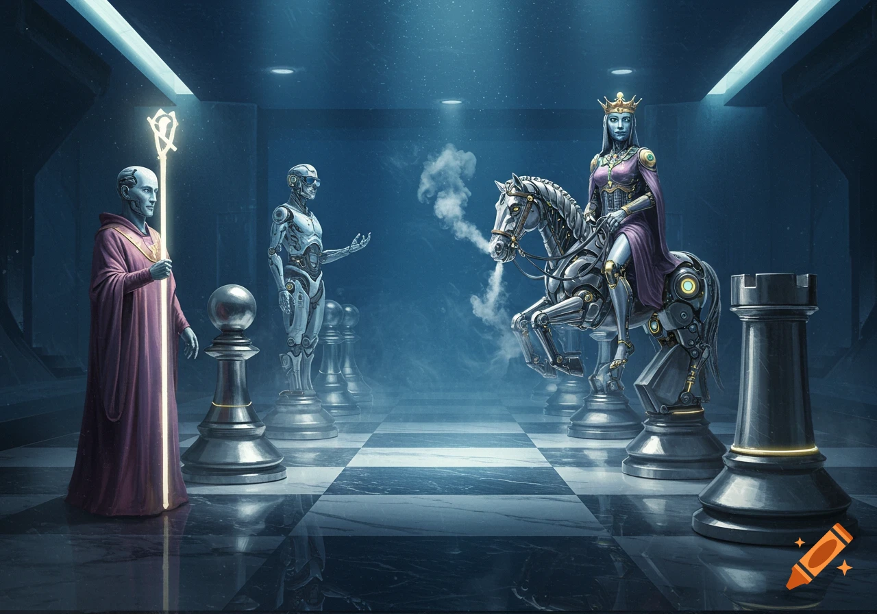 Half-human, half-robot chess pieces on a futuristic chessboard with blue lighting, including a robed bishop, robot pawn, and a queen on a mechanical knight.
