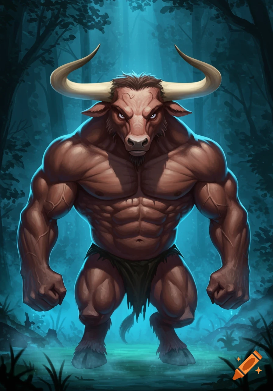 A muscular minotaur with a brown bull head, large horns, and a loincloth stands in a dark, misty forest bathed in blue light.