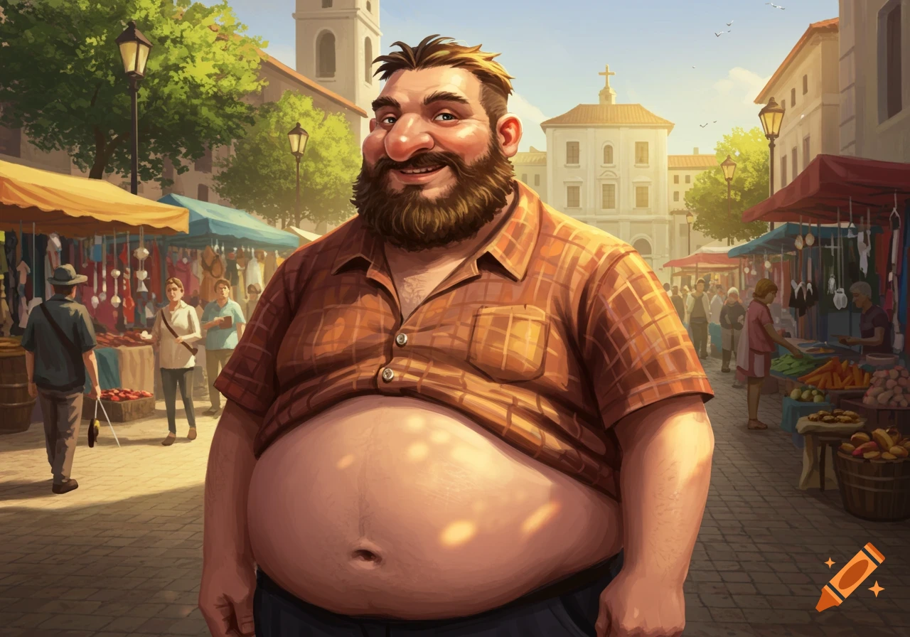 A cartoonish man with a beard and large belly smiles in a sunny market street.