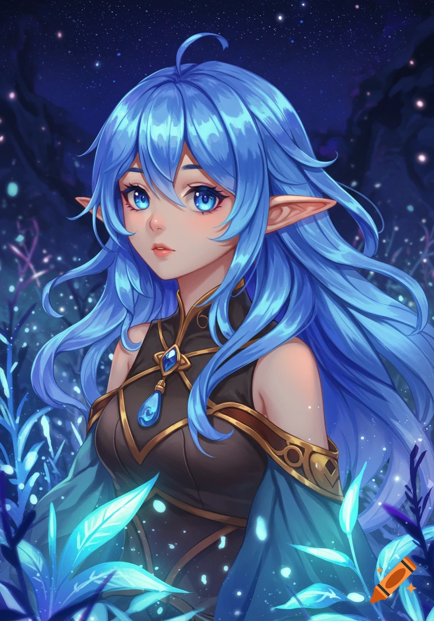 Anime portrait of an elf girl with long blue hair and glowing blue eyes, surrounded by glowing blue plants.