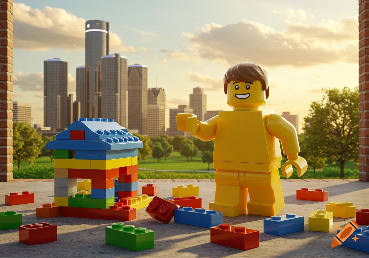 A happy Lego figure stands beside a colorful brick house with loose bricks on the ground, against a photorealistic city skyline.