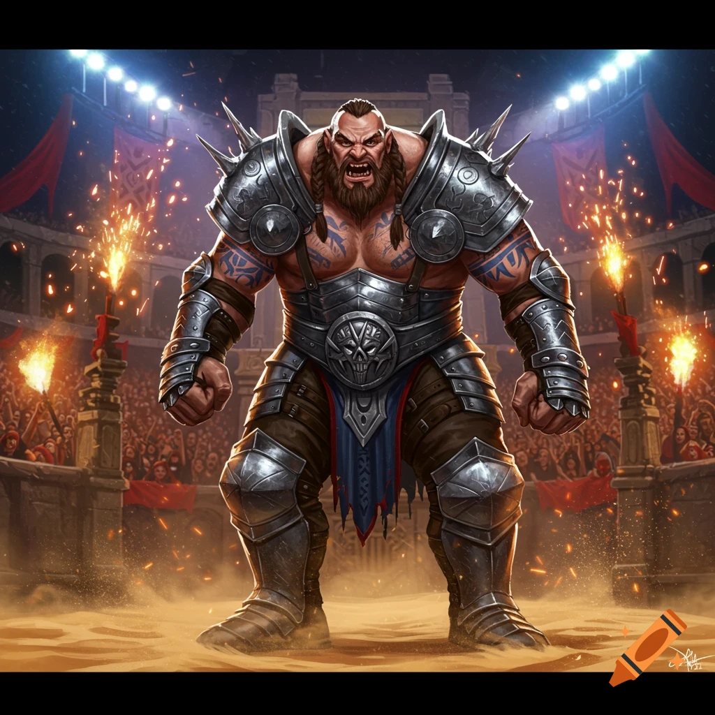 A large, muscular fantasy warrior in spiky silver armor stands snarling in a sandy arena with a crowd and sparks.