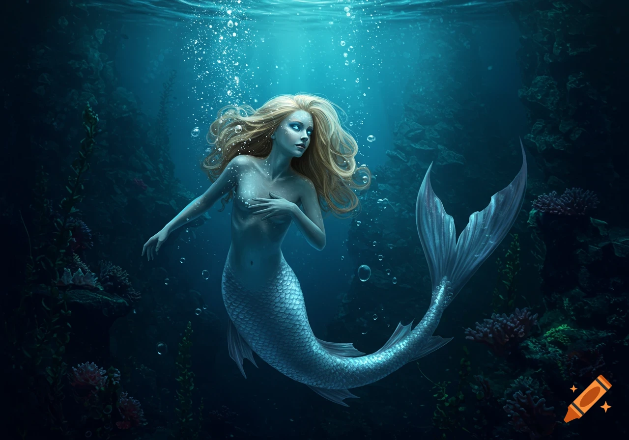 A blonde mermaid with blue eyes swims gracefully in a dark, deep blue ocean with bubbles and coral.