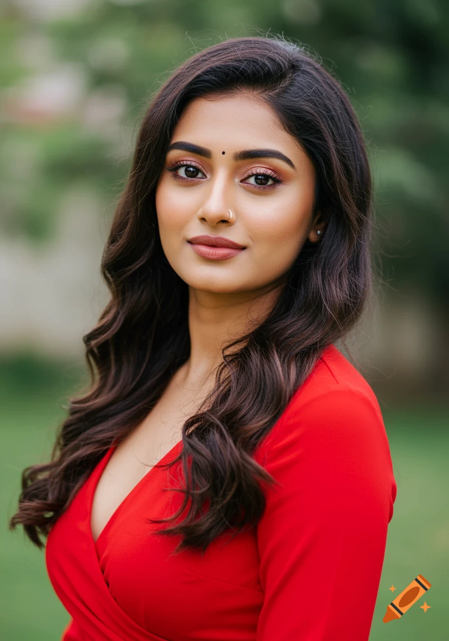 A close-up, photorealistic portrait of an Indian woman with dark wavy hair wearing a red dress, looking forward.