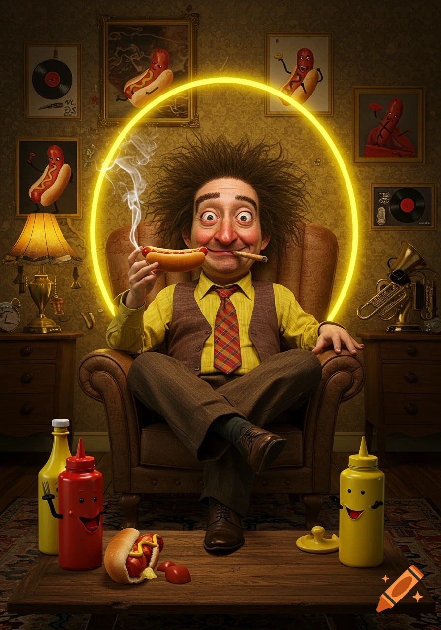 A whimsical, stylized man with wild hair sits in an armchair, smoking a hotdog like a cigar, surrounded by hotdog-themed art and condiments.