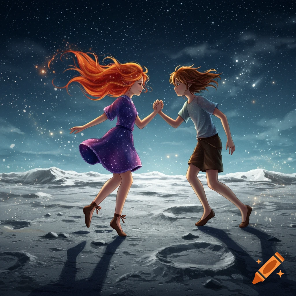 An illustration of a girl with red hair and a boy with brown hair dancing hand-in-hand on a moon-like surface under a starry sky.