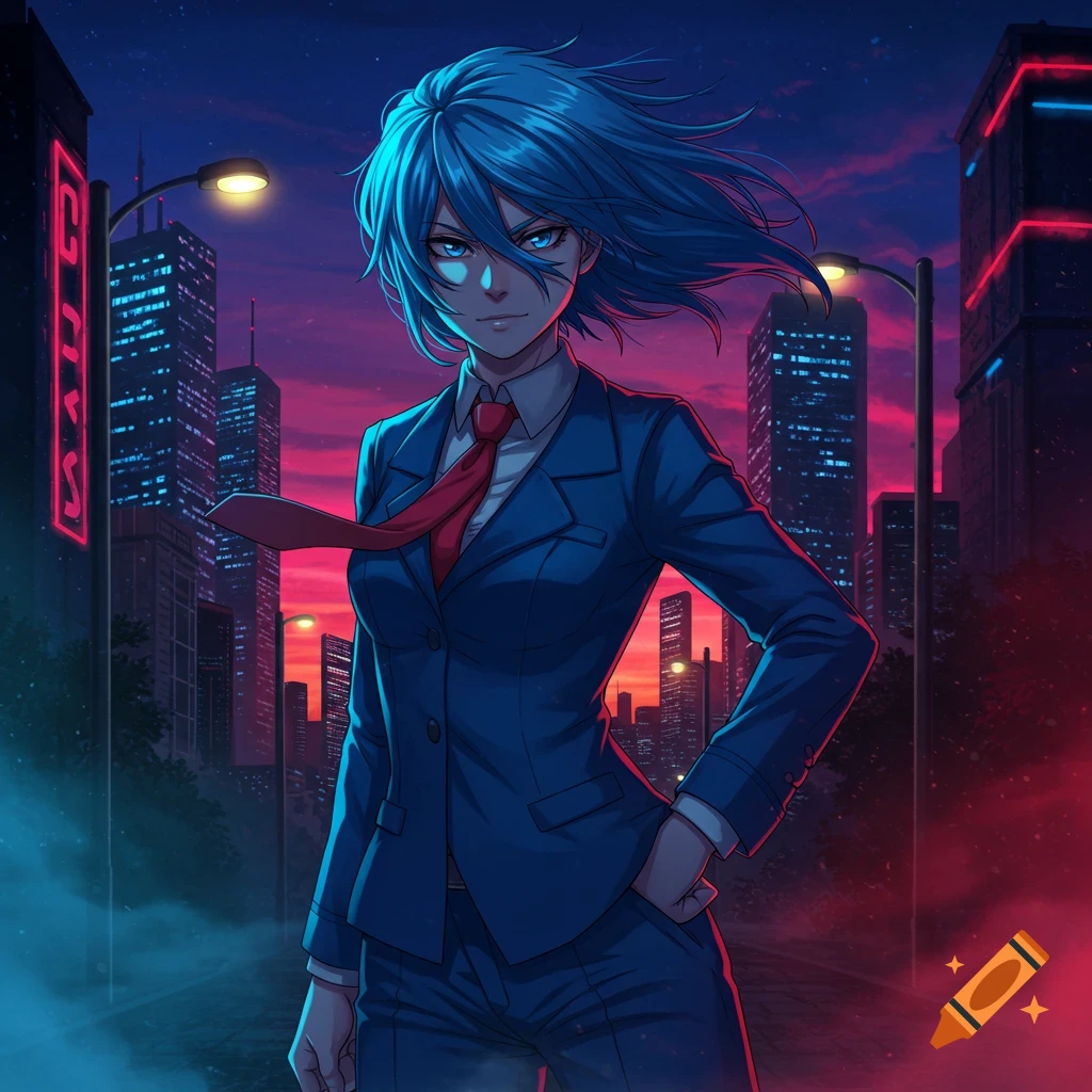 A blue-haired anime girl in a blue suit and red tie stands in a city at night with neon lights.