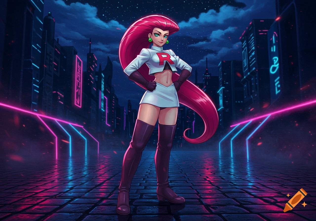 Jessie from Team Rocket stands confidently in a cyberpunk city at night with neon lights.