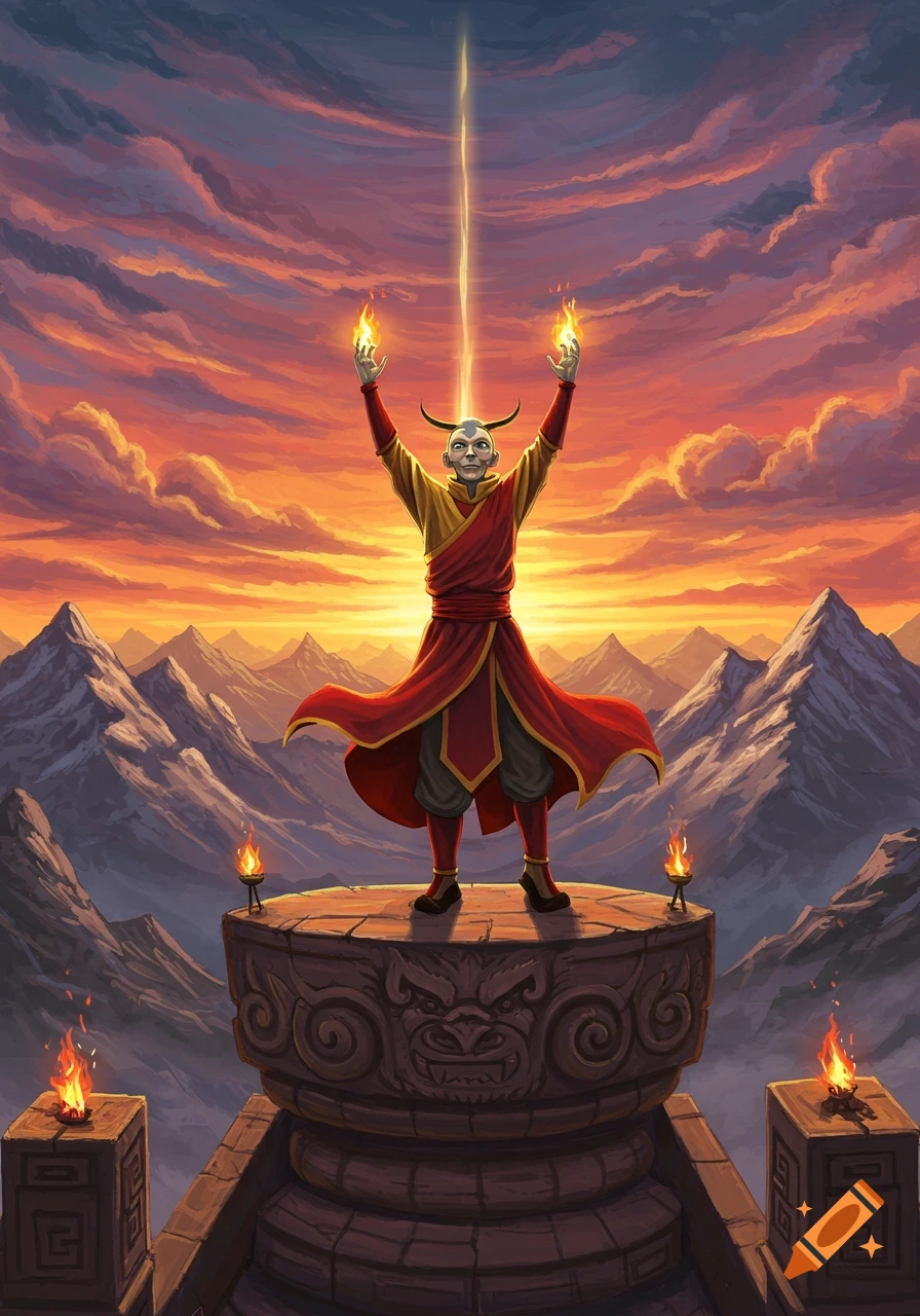 An illustrated figure resembling Avatar Roku stands on a mountain peak at sunset, holding fire and emitting a light beam.