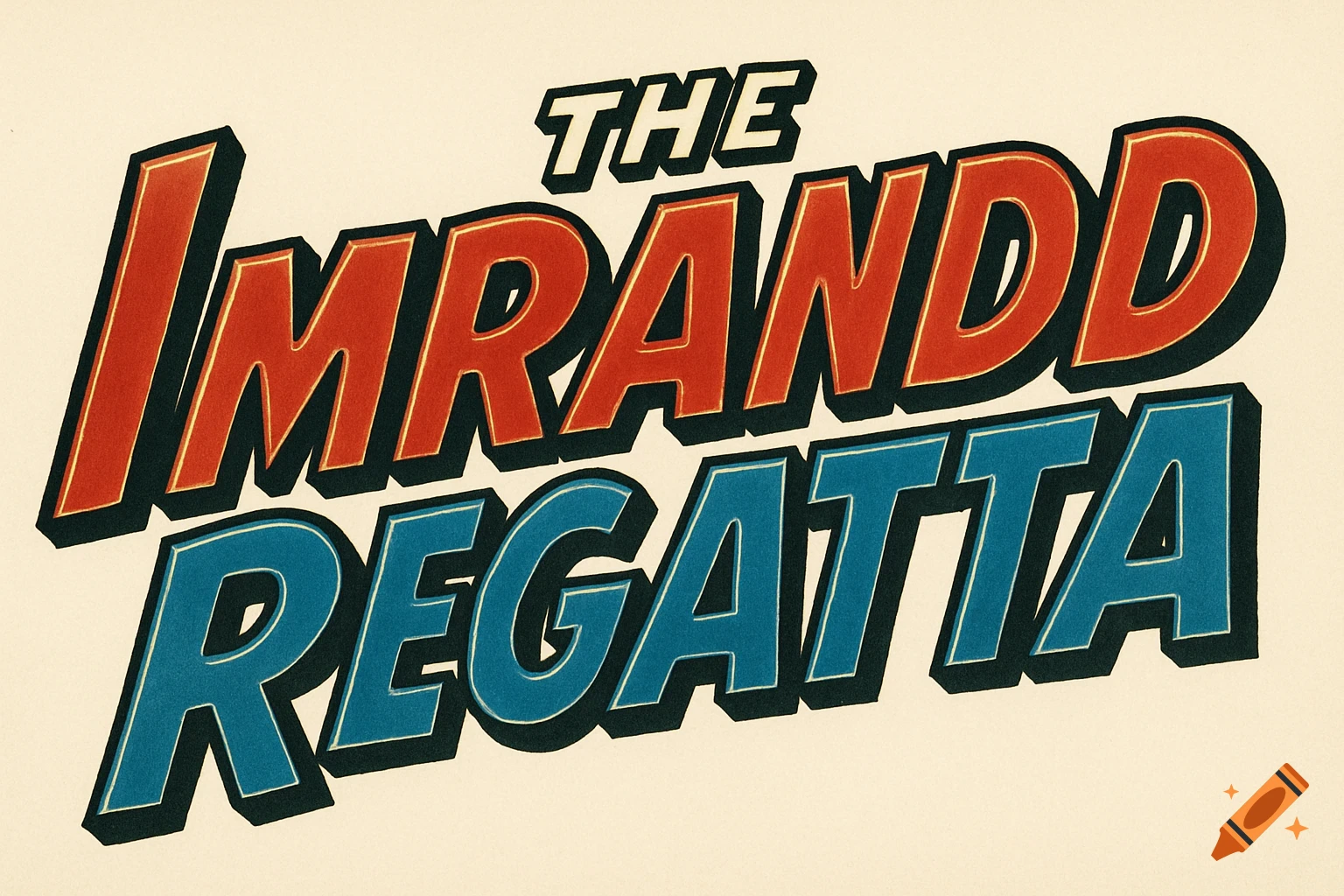 A stylized text banner resembling a 1950s comic book title, with the word "THE" above "IMRANDD" in large red letters, and "REGATTA" in large blue letters below.