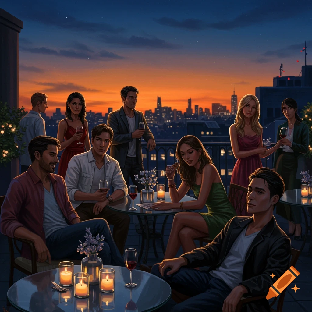 An illustration of attractive people socializing on a rooftop at sunset with a city skyline.