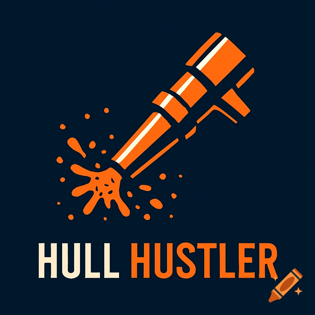 A minimalist logo with an orange sandblaster nozzle spraying orange droplets on a dark navy blue background, with the words "HULL HUSTLER" below it.