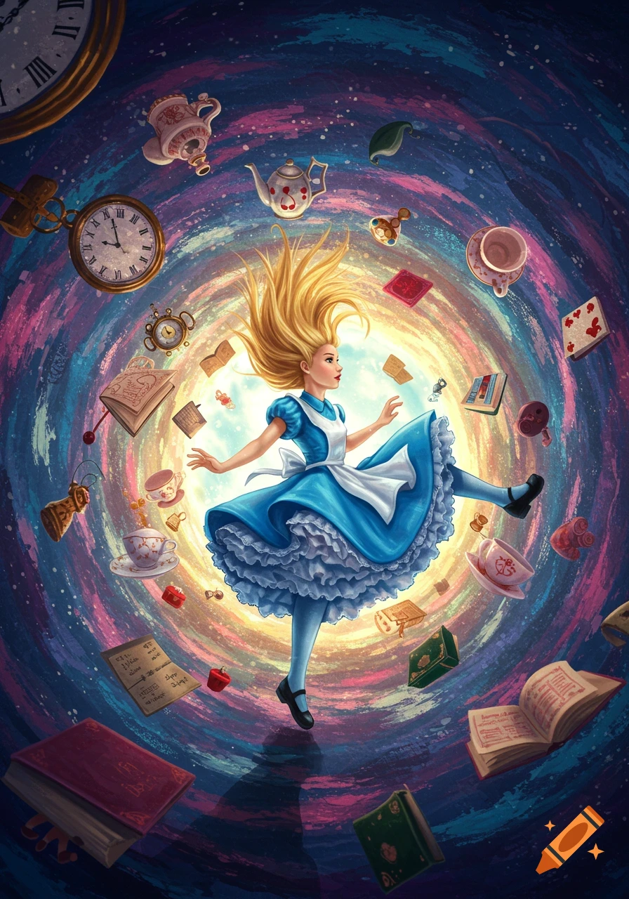 Alice in Wonderland falls through a vibrant, swirling vortex filled with floating clocks, teacups, and books in an illustrated style.