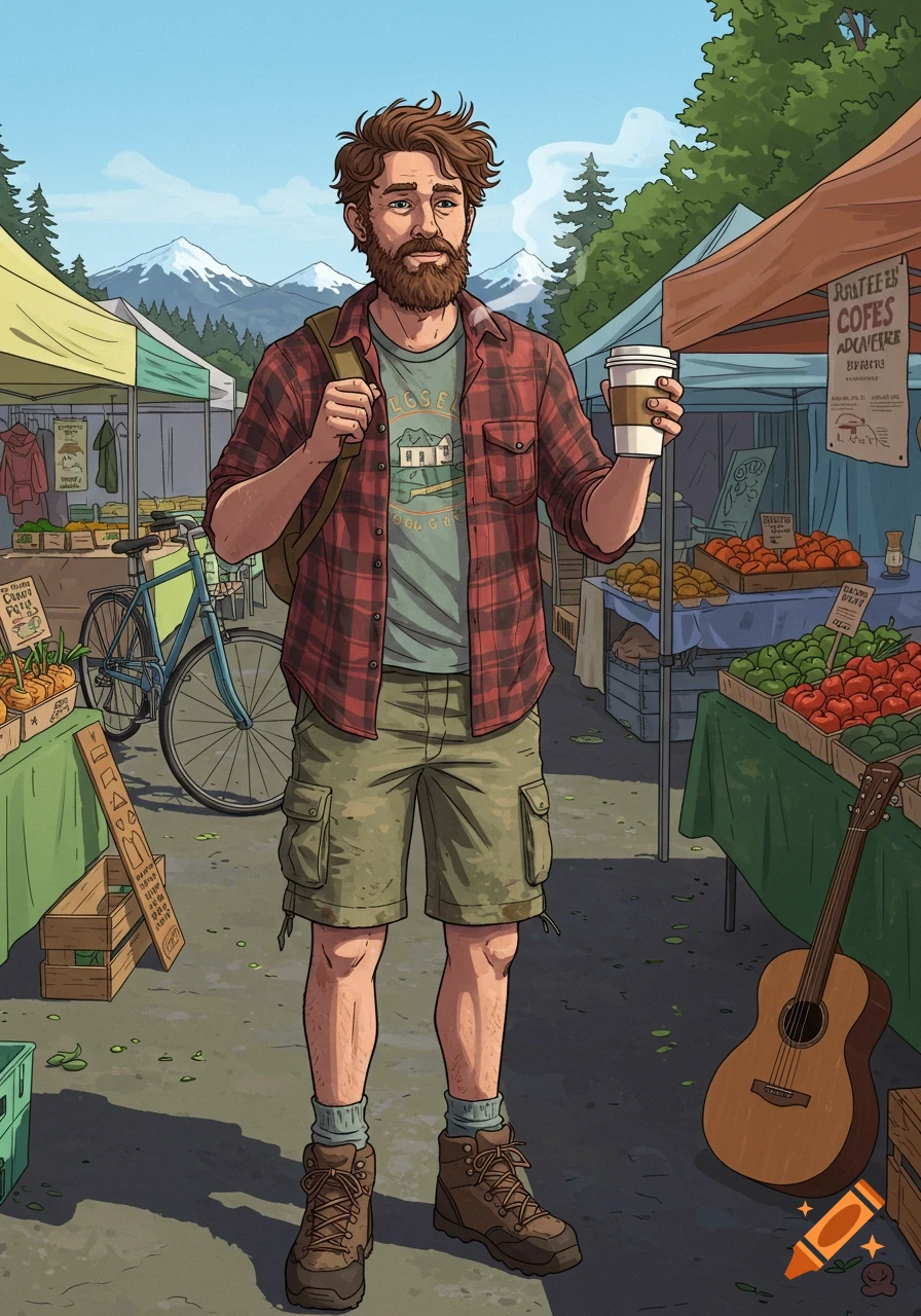 A cartoon man with a beard and plaid shirt holds a coffee cup at a bustling outdoor farmers market with mountain views.