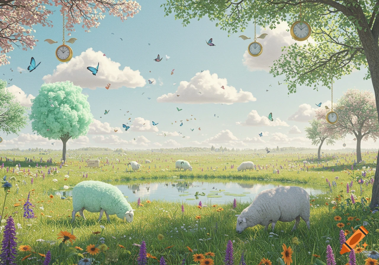 Whimsical landscape with sheep grazing in a vibrant meadow of wildflowers, a pond, and trees under a sky with floating winged clocks and butterflies.