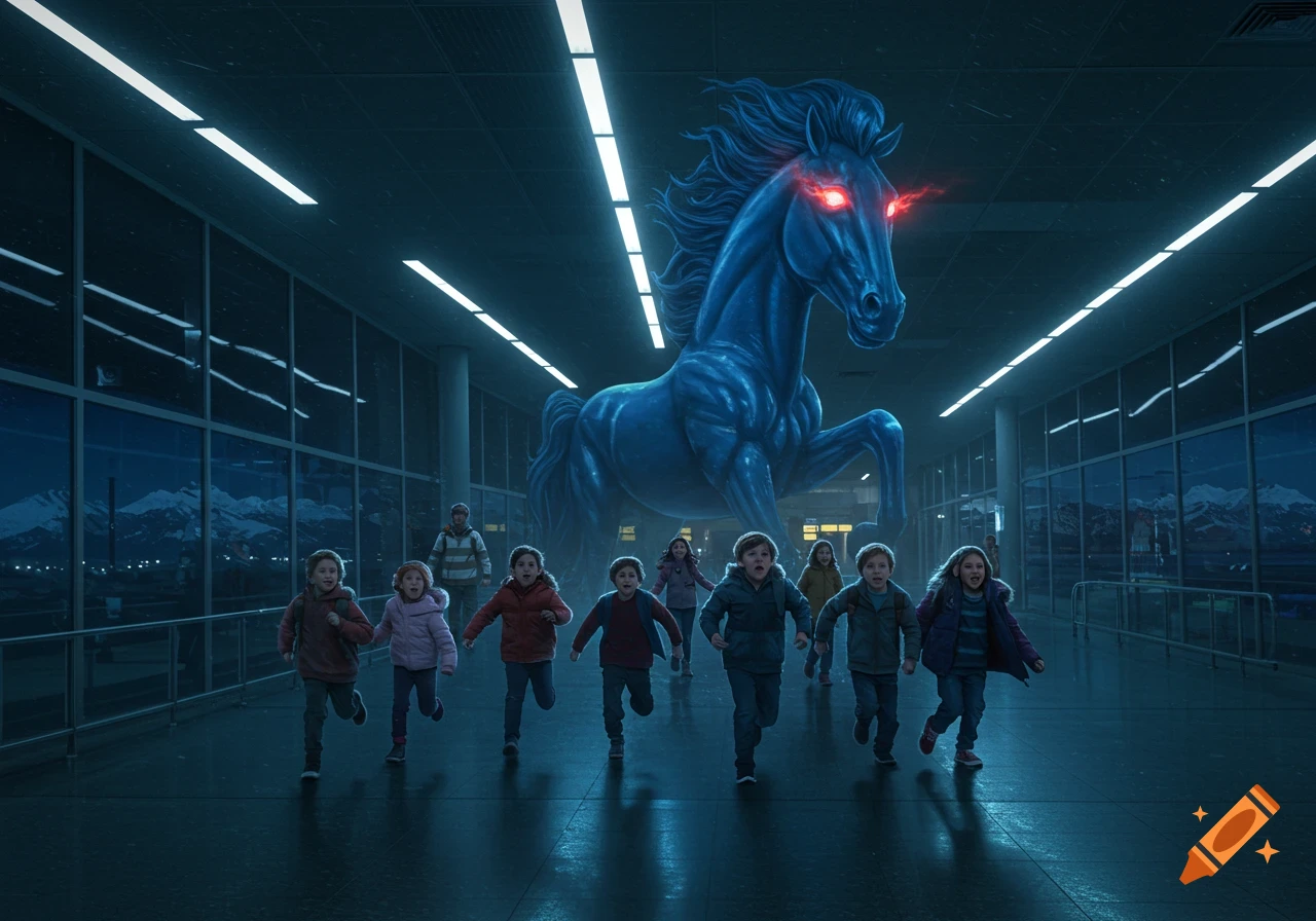 Children run in an airport terminal from a large, blue, demonic horse with glowing red eyes.