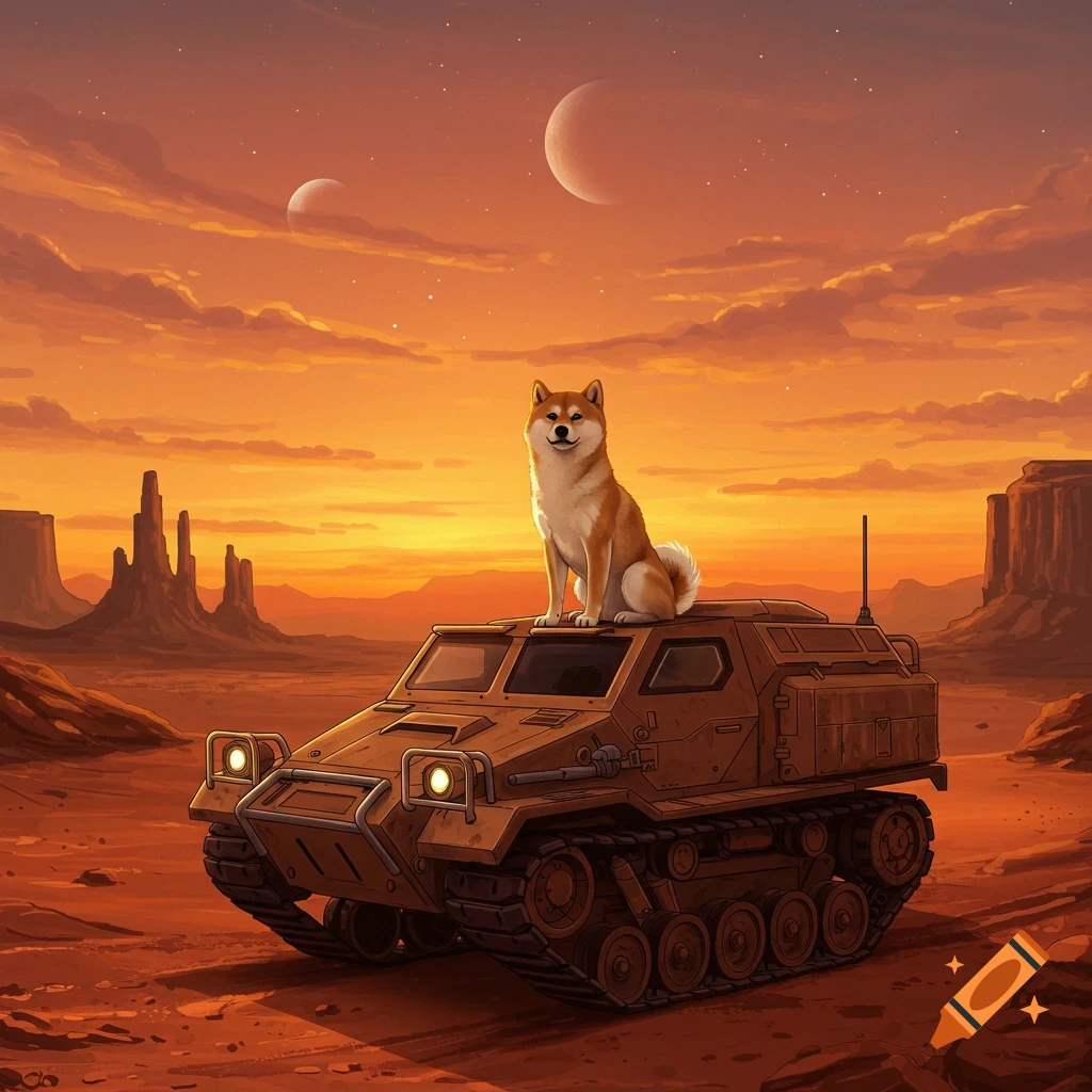 A shiba inu sits atop a futuristic half-track vehicle in a vast, arid landscape under an orange sunset and two moons.