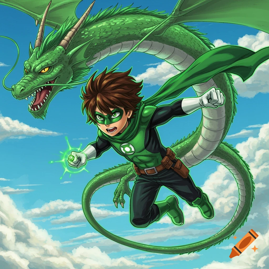 Anime-style illustration of a boy in a Green Lantern costume flying with a large green dragon against a cloudy blue sky.