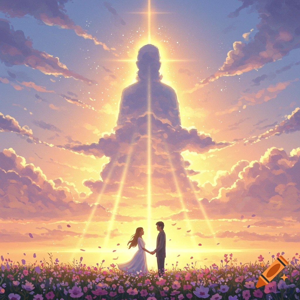 A couple holds hands in a vibrant flower field at sunset, beneath a towering, glowing cloud figure in the sky. Dreamy digital art.