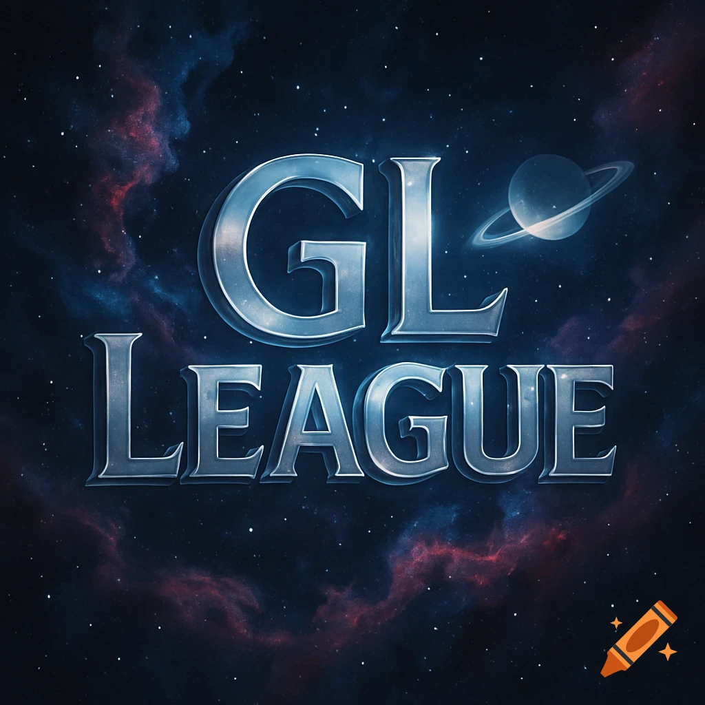 Shiny metallic text 'GL LEAGUE' floats against a dark blue cosmic background with nebulae, stars, and a ringed planet.
