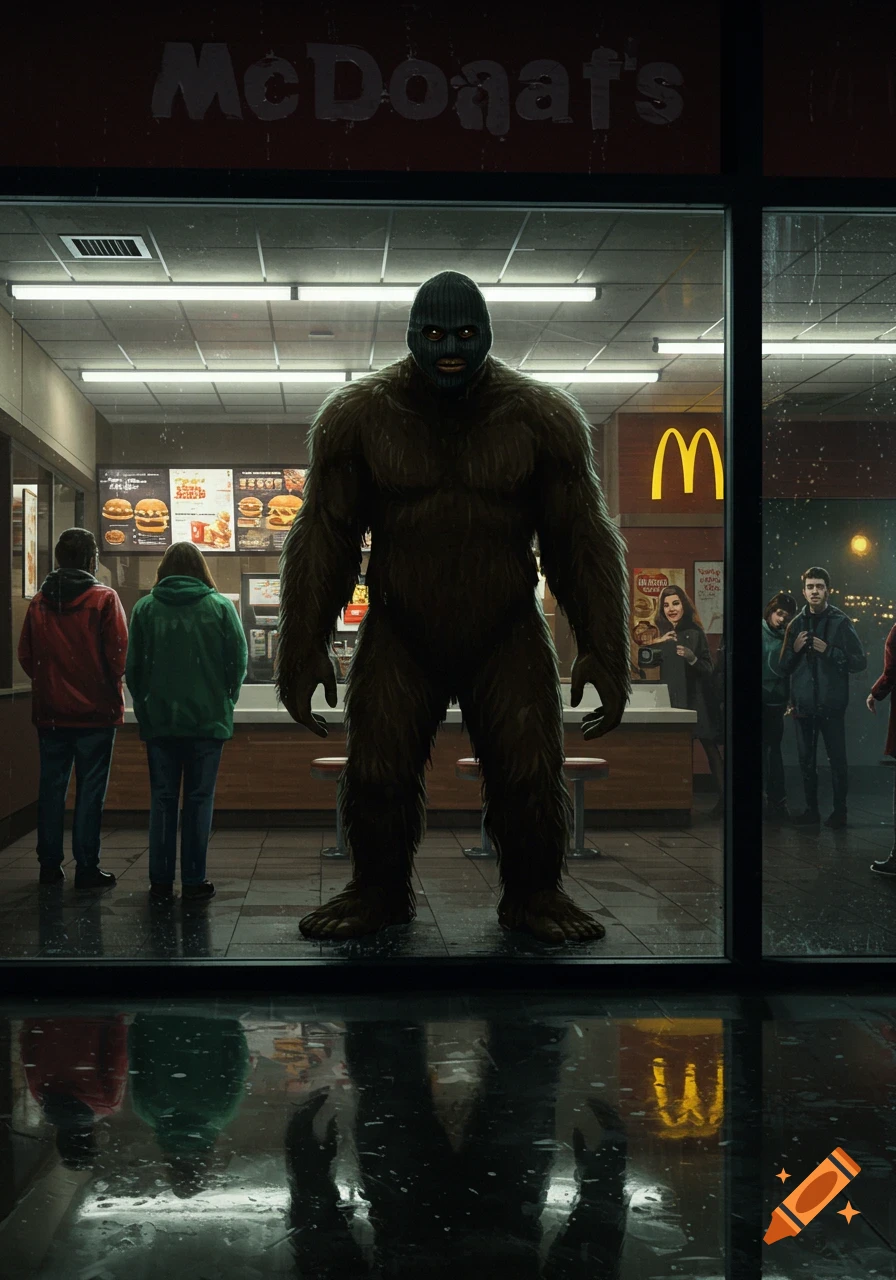 A large, furry Bigfoot wearing a ski mask stands inside a McDonald's at night, looking out a rainy window.