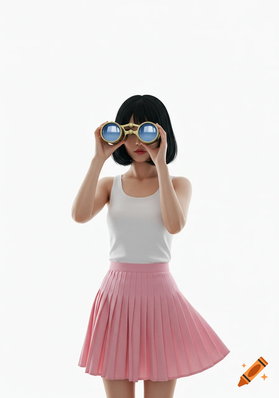 A digital art portrait of a young woman with short black hair wearing a white tank top and pink pleated skirt, looking through binoculars.