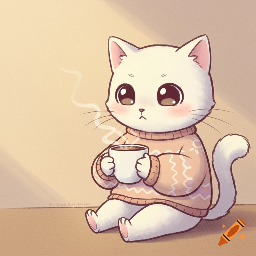 A cute cartoon white cat wearing a sweater sits on the floor, holding a steaming cup of coffee.