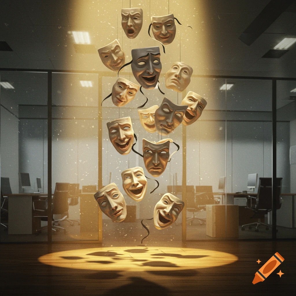 Multiple theater masks, some happy and some sad, fall through a dimly lit office space with dramatic spotlighting on the floor.