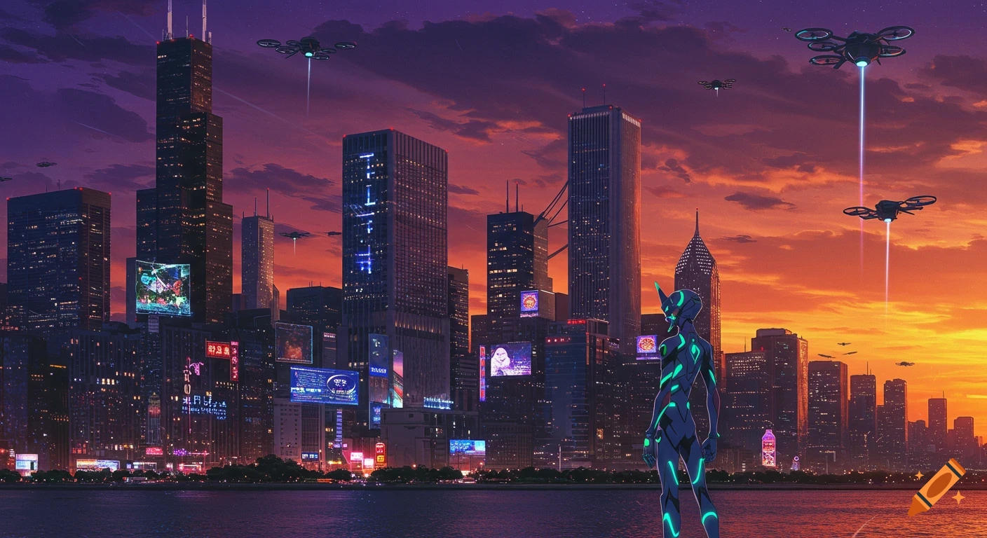 Anime-style cityscape of futuristic Chicago at sunset, with a glowing cybernetic character standing by the water and drones flying overhead.