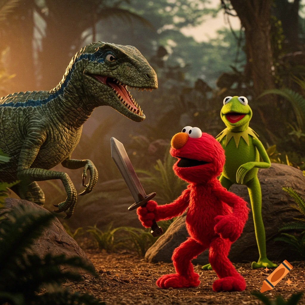 Elmo, holding a sword, confronts a velociraptor in a lush jungle, with Kermit the Frog standing in the background.