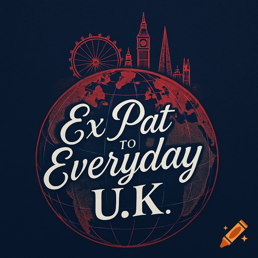 A logo featuring a red globe with London landmarks above it, and cream text 'Ex Pat to Everyday U.K.'