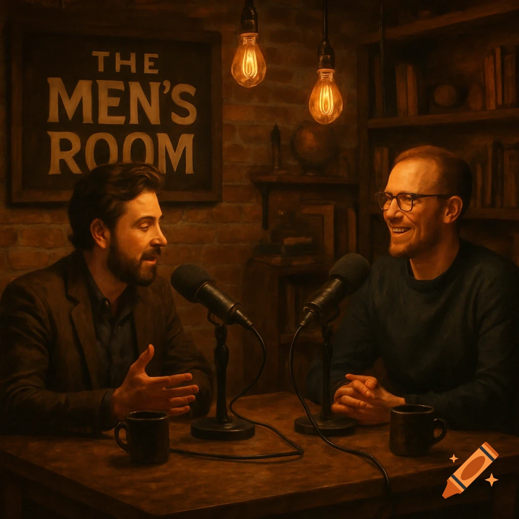 Two men sit at a table with microphones, recording a podcast in a dimly lit room with a sign that reads 'The Men's Room'.